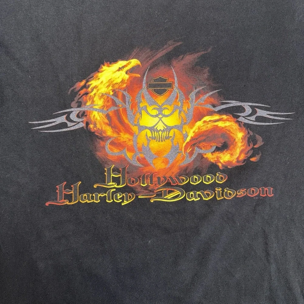 Harley Davidson T Shirt L Black Made In USA Hollywood CA Flame‎ Skull Biker VTG